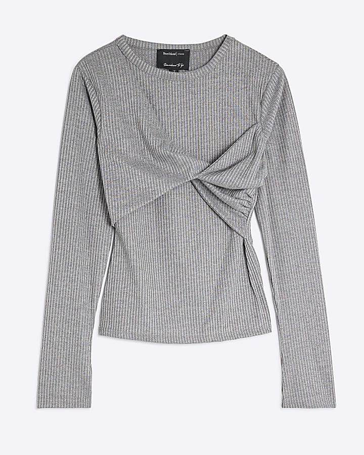 Grey Long Sleeve Twist Front Top