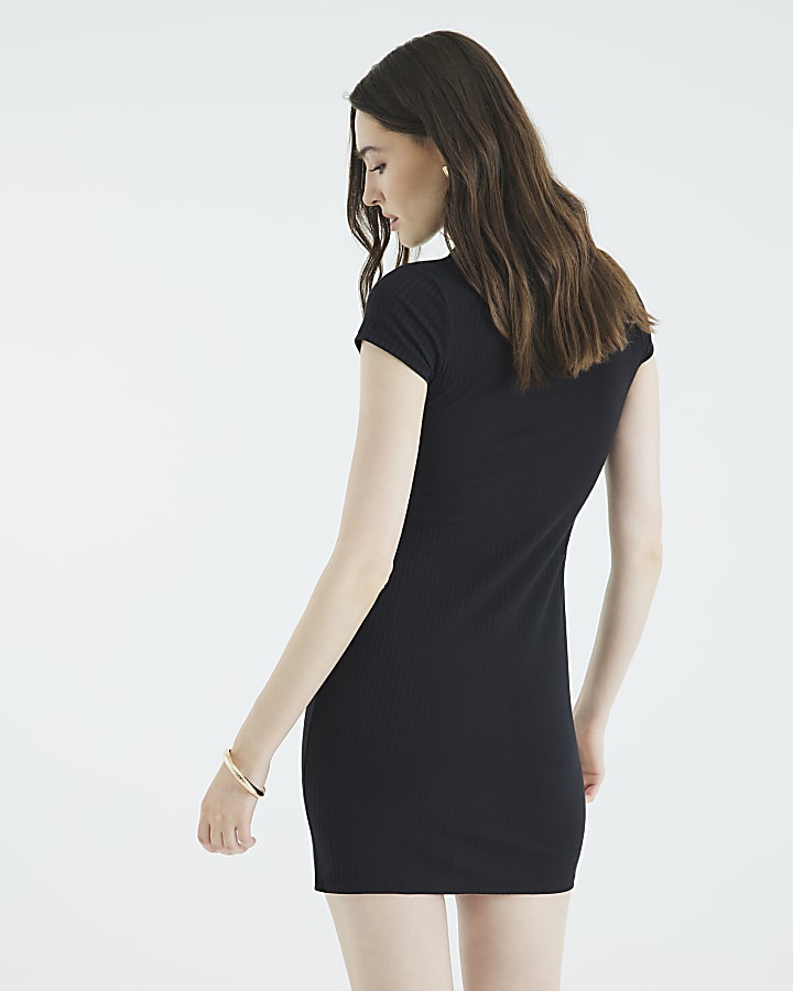 Black Short Sleeve Button Up Polo Mini Dress