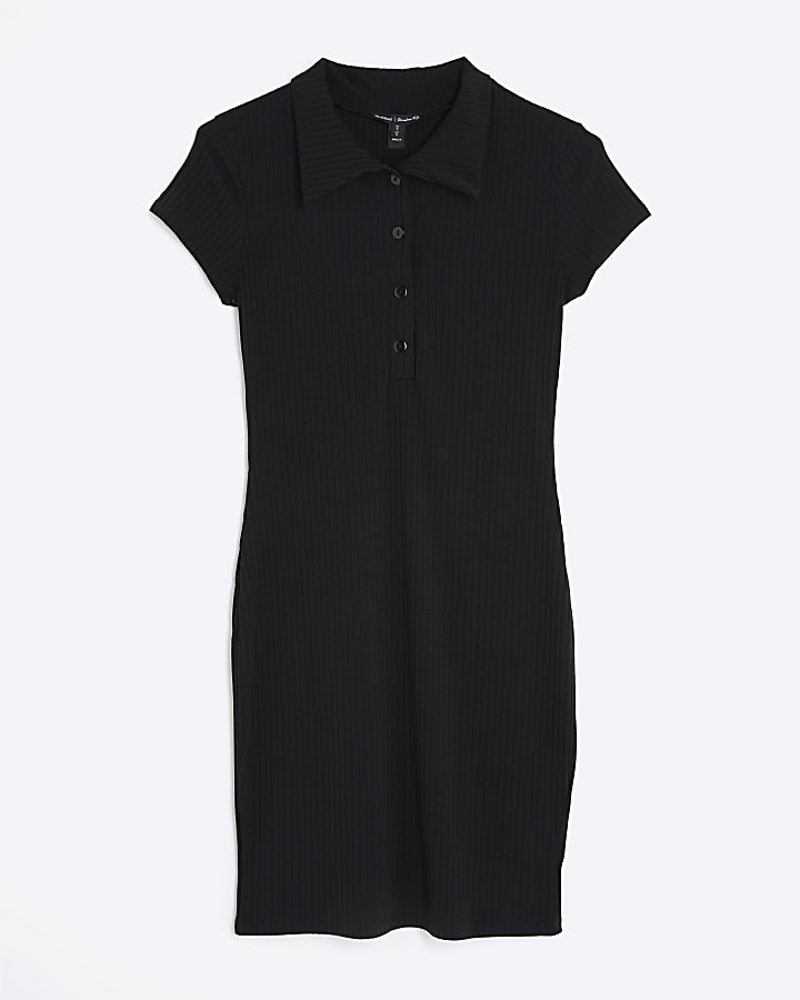 Black Short Sleeve Button Up Polo Mini Dress