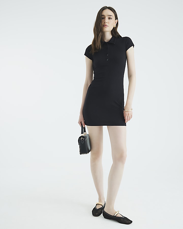 Black Short Sleeve Button Up Polo Mini Dress