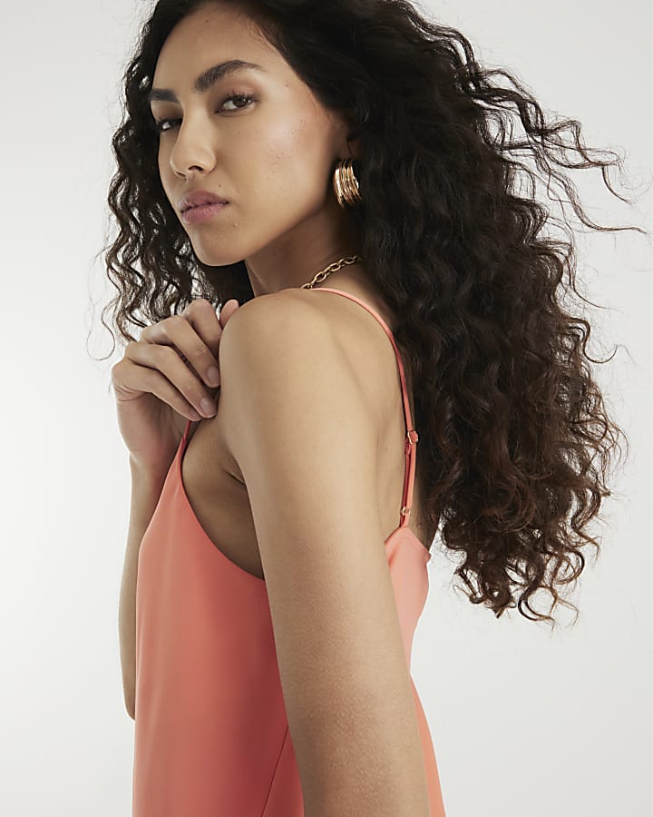 Coral Satin Cowl Neck Cami Top
