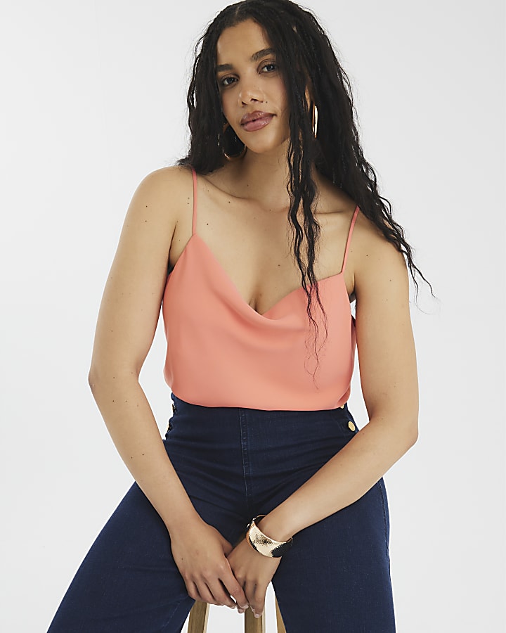 Coral Satin Cowl Neck Cami Top