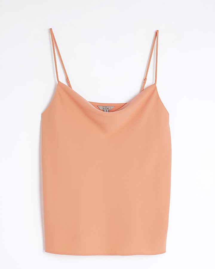 Coral Satin Cowl Neck Cami Top