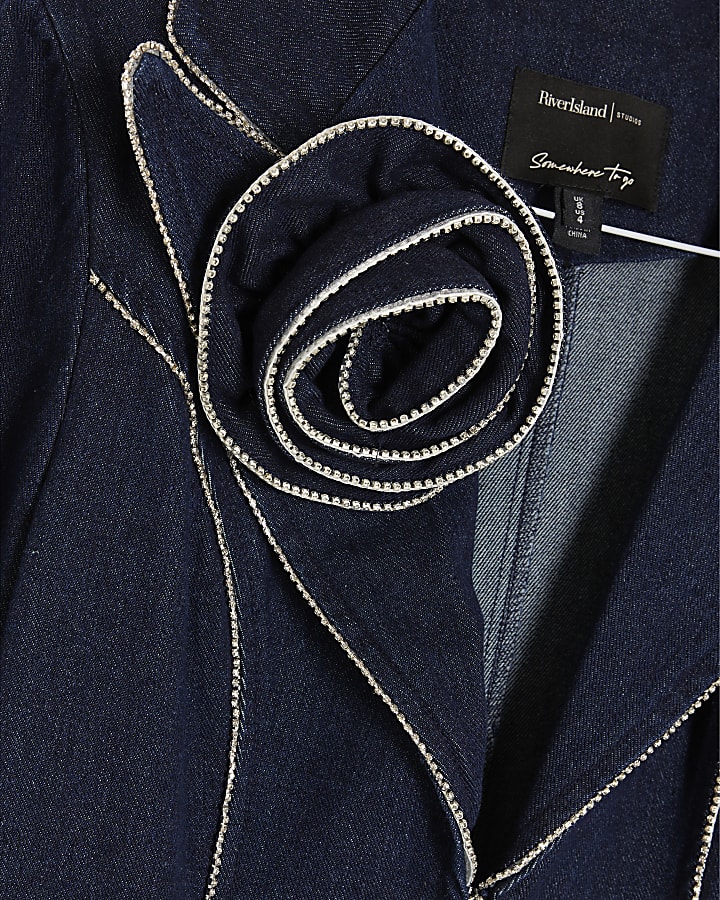 Blue Denim Long Sleeve Diamante Blazer Dress