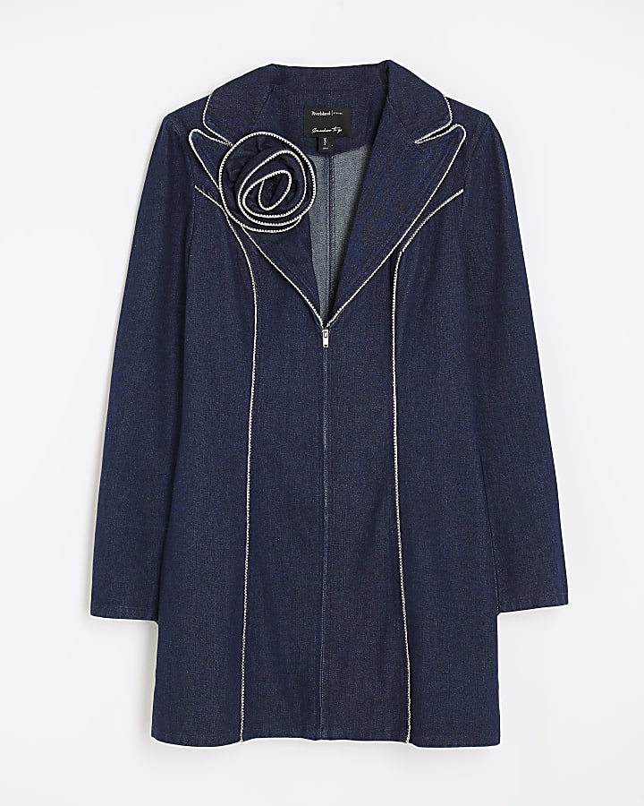 Blue Denim Long Sleeve Diamante Blazer Dress
