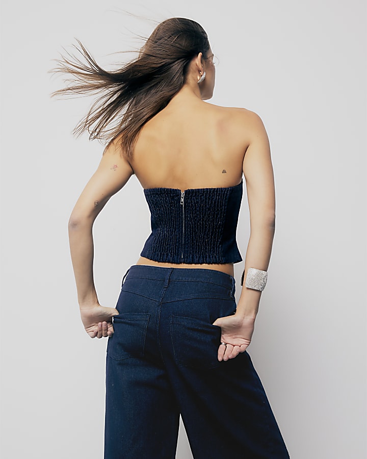 Blue Denim Diamante Embellished Bandeau Top