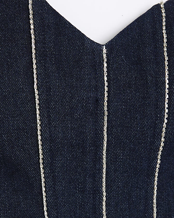 Blue Denim Diamante Embellished Bandeau Top