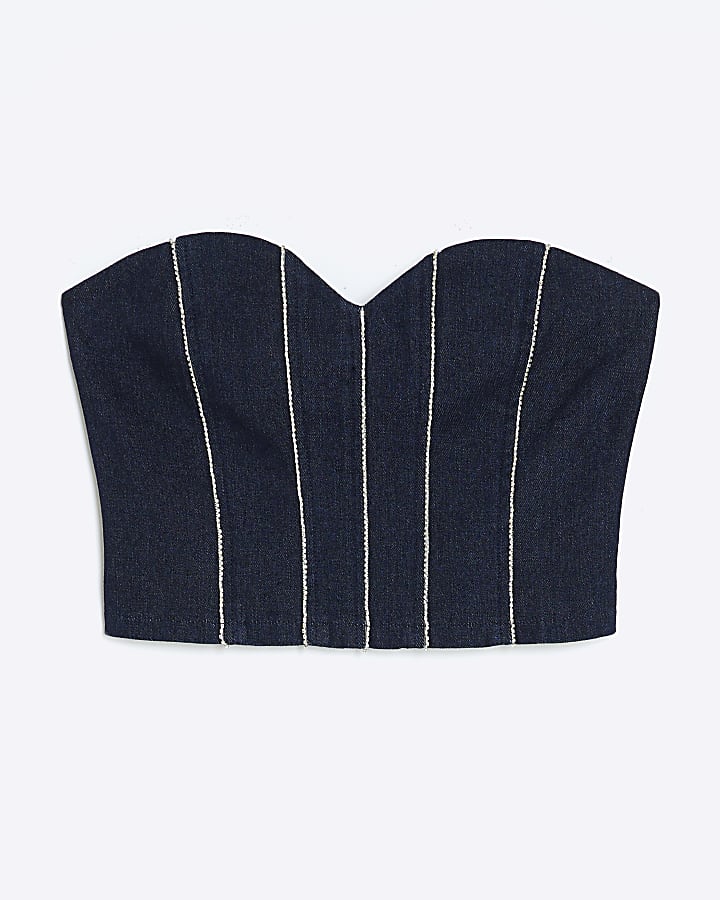 Blue Denim Diamante Embellished Bandeau Top