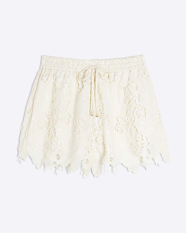 Petite Cream Cutwork Sequin Shorts