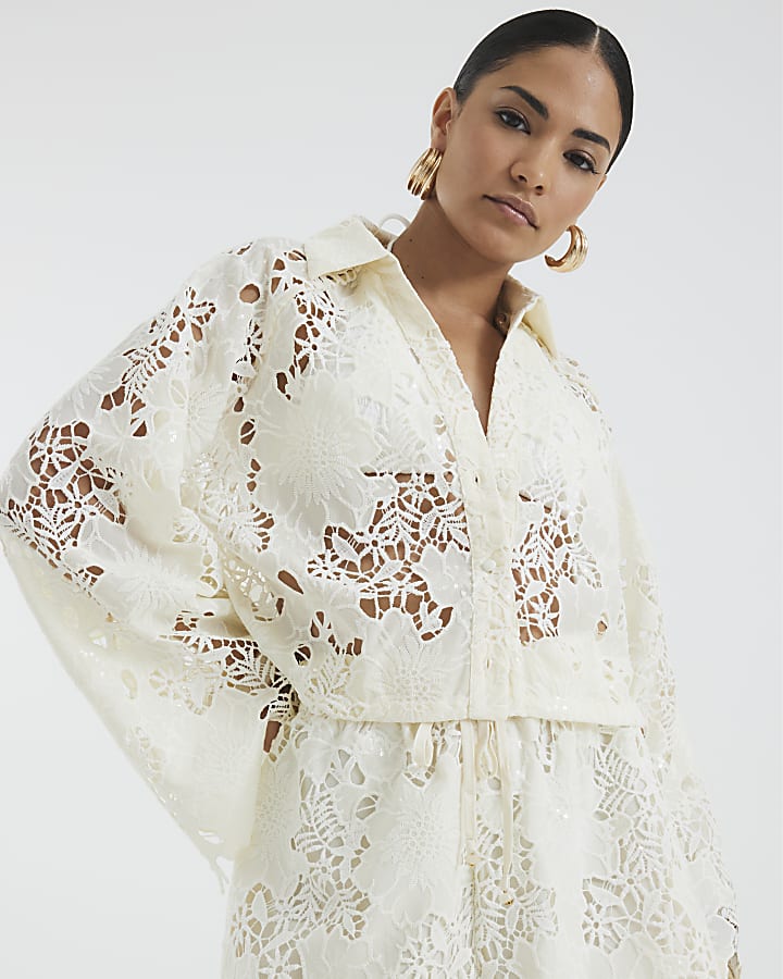 Petite Cream Cutwork Sequin Shirt