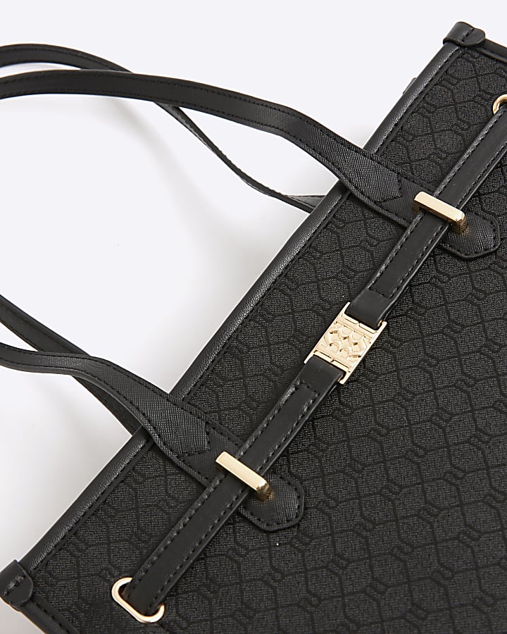 Black RI Monogram Lock Tote Bag