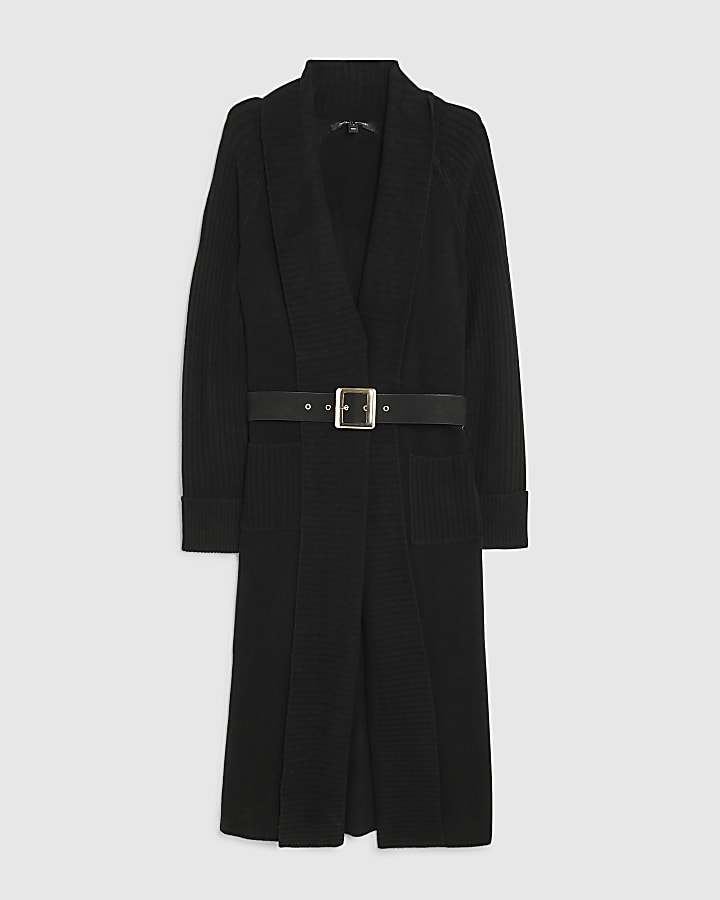 Black Knitted Belted Maxi Cardigan