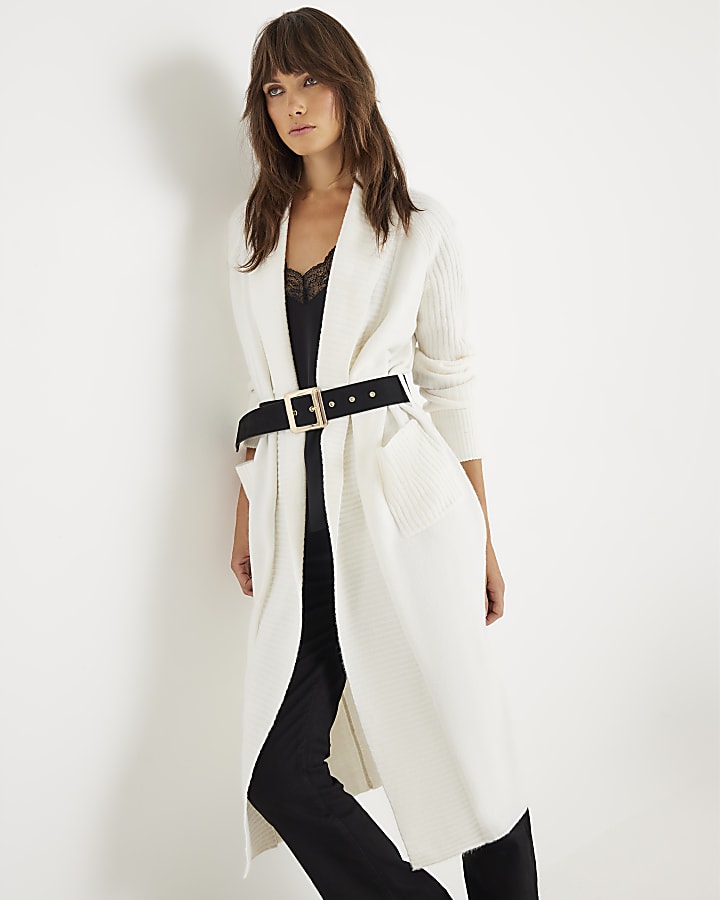 Cream Knitted Belted Maxi Cardigan