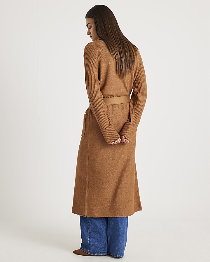Brown Belted Shawl Maxi Cardi