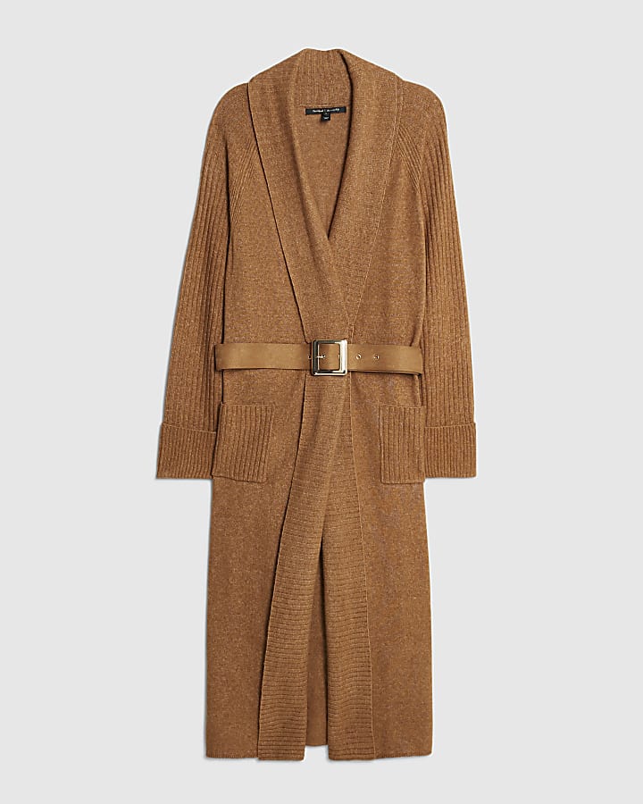 Brown Knitted Belted Maxi Cardigan
