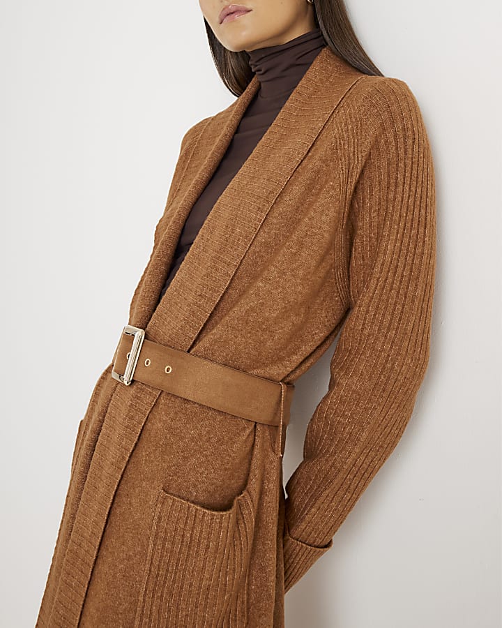 Brown Belted Shawl Maxi Cardi