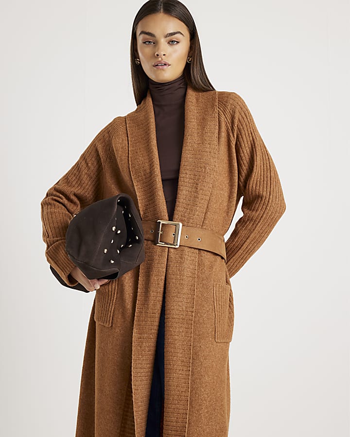 Brown Belted Shawl Maxi Cardi
