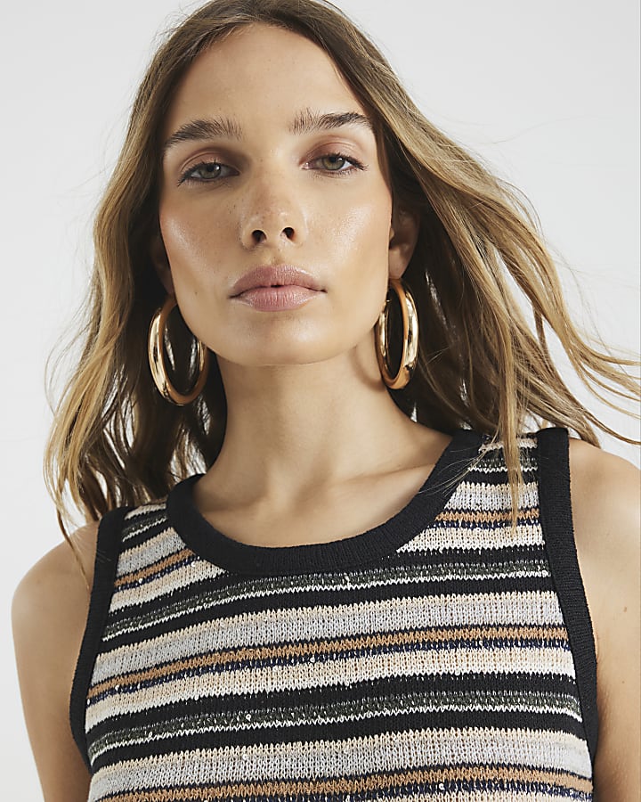 Beige Stripe Metallic Tunic Top