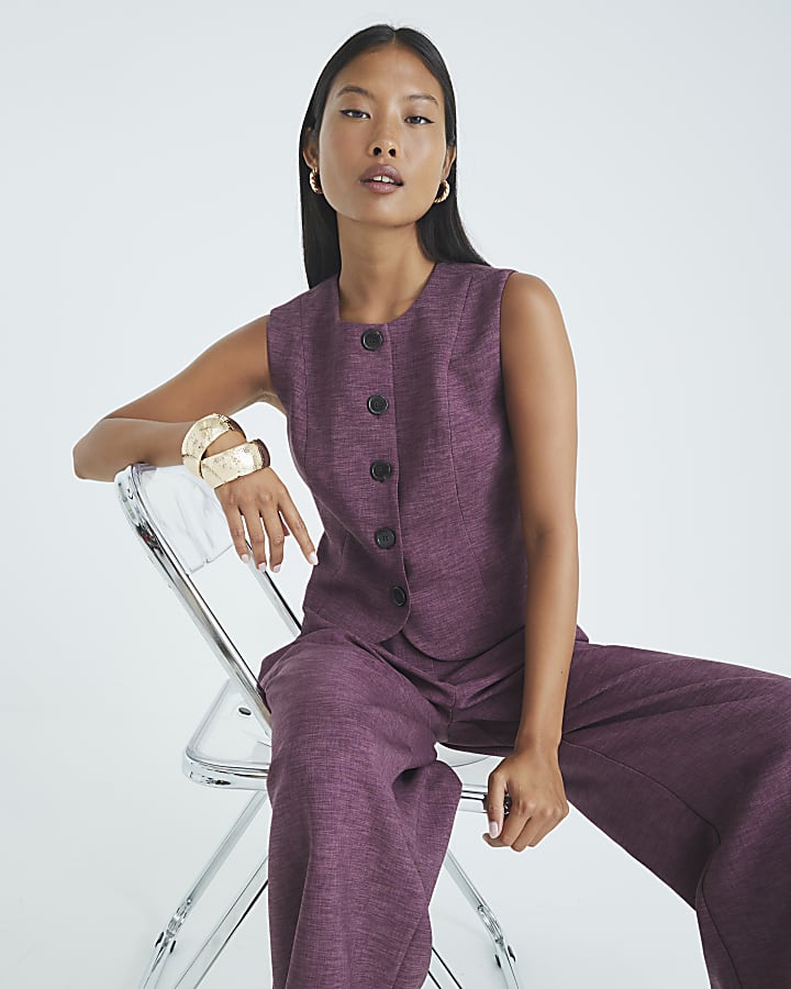 Petite Purple High Neck Fitted Waistcoat