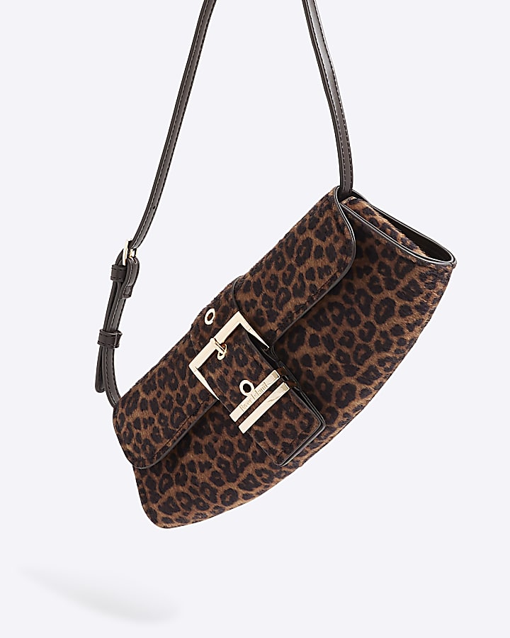 Brown Leopard Print Buckle Front Shoulder Bag