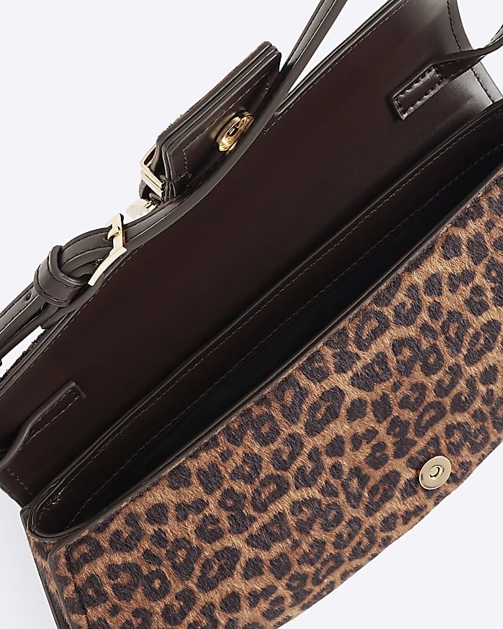Brown Leopard Print Buckle Front Shoulder Bag