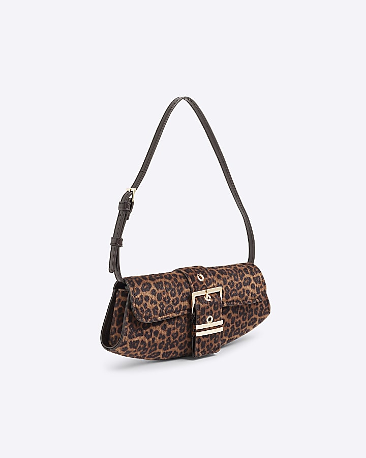 Brown Leopard Print Buckle Front Shoulder Bag