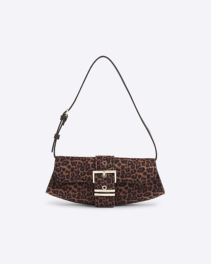 Brown Leopard Print Buckle Front Shoulder Bag