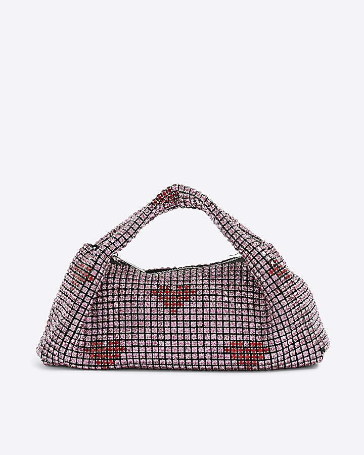 Pink Heart Diamante Scoop Clutch Bag