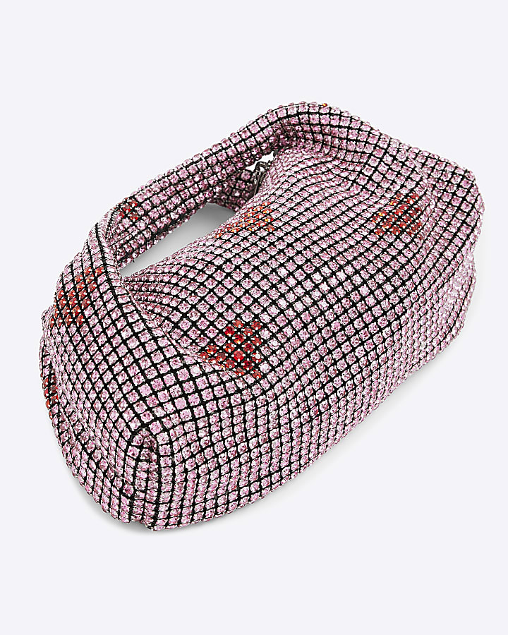 Pink Heart Diamante Scoop Clutch Bag