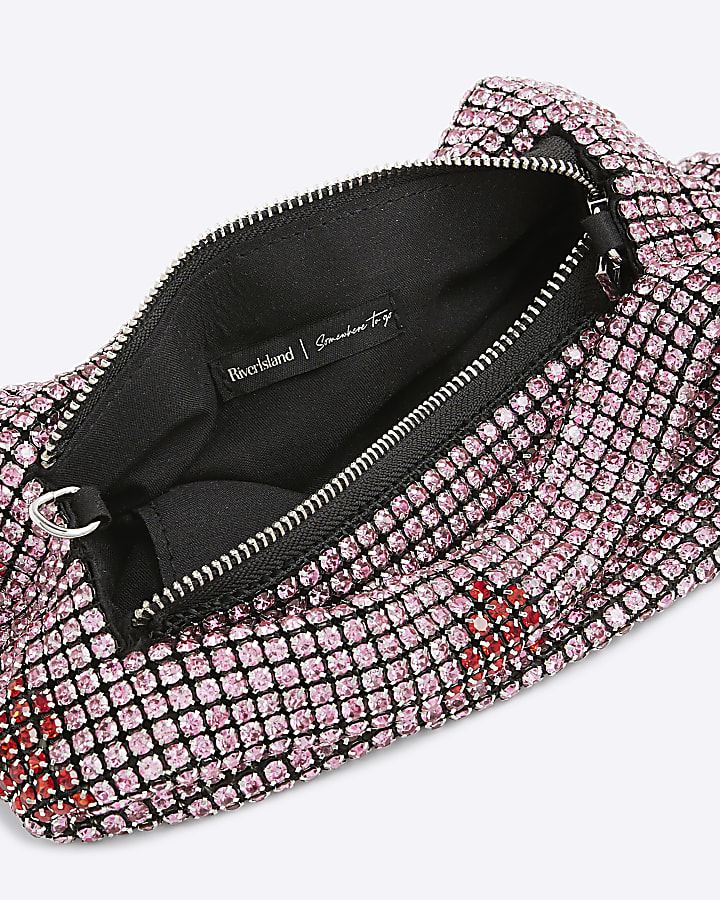 Pink Heart Diamante Scoop Clutch Bag