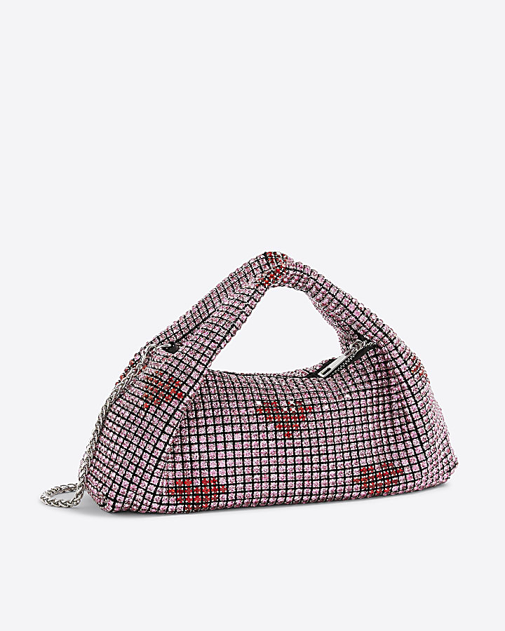 Pink Heart Diamante Scoop Clutch Bag