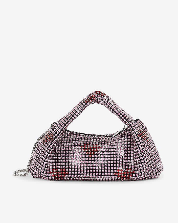 Pink Heart Diamante Scoop Clutch Bag
