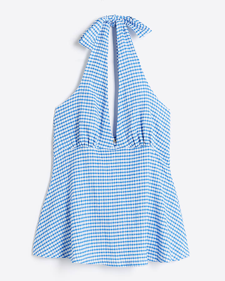 Blue Sleeveless Gingham Halter Neck Top