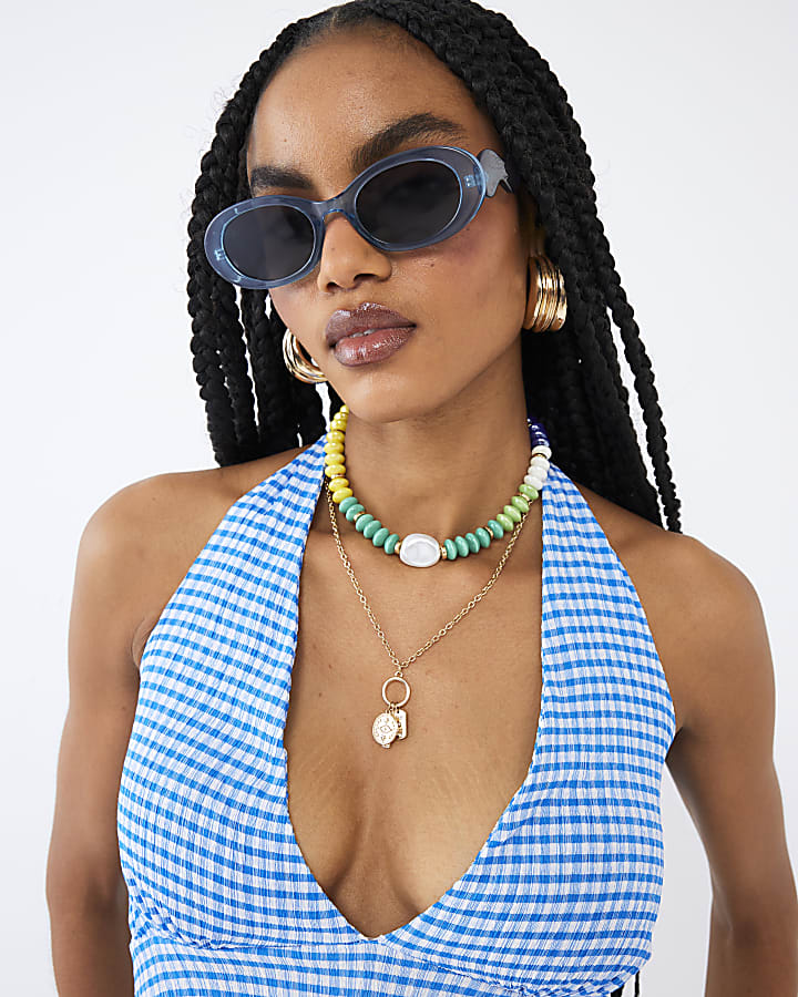 Blue Sleeveless Gingham Halter Neck Top