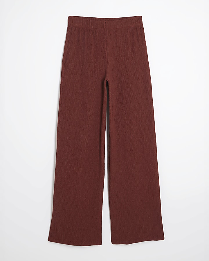 Brown Textured Wide Leg Trousers
