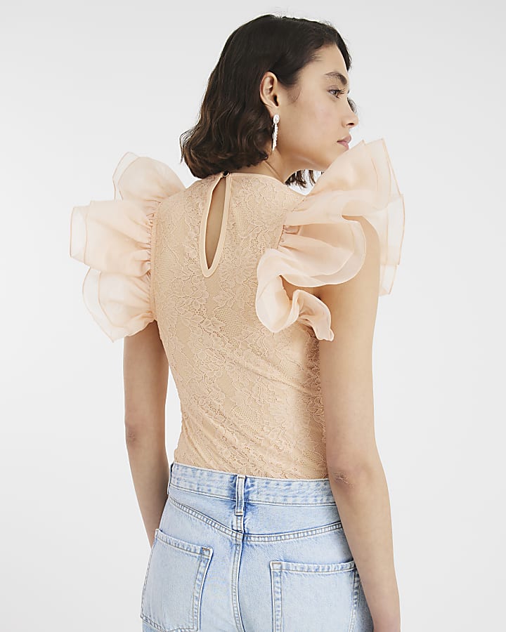 Orange Short Sleeve Lace Ruffle Bodysuit
