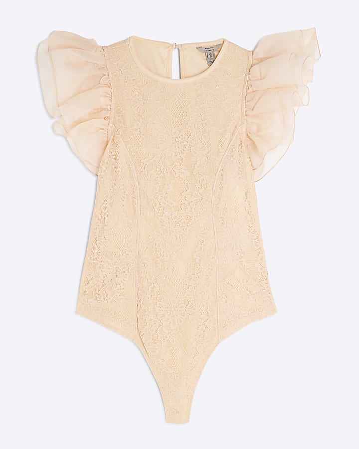 Orange Short Sleeve Lace Ruffle Bodysuit