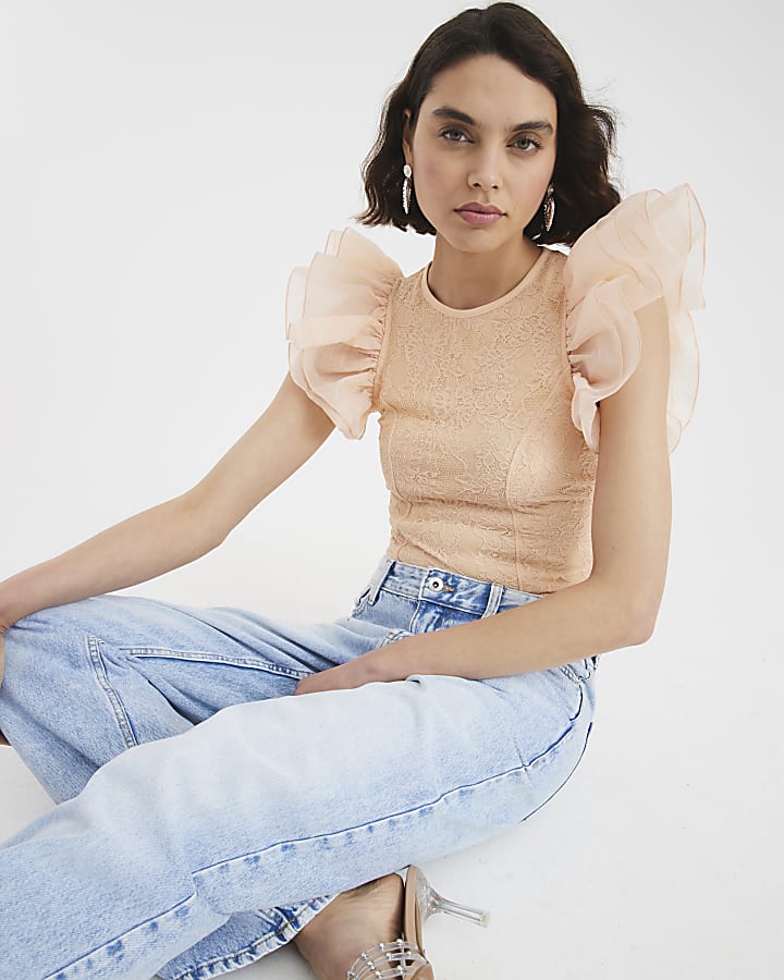 Orange Short Sleeve Lace Ruffle Bodysuit