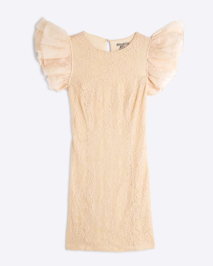 Orange Lace Ruffle Sleeve Mini Dress