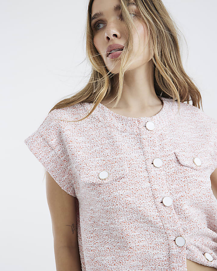 Coral Boucle Sleeveless Jacket