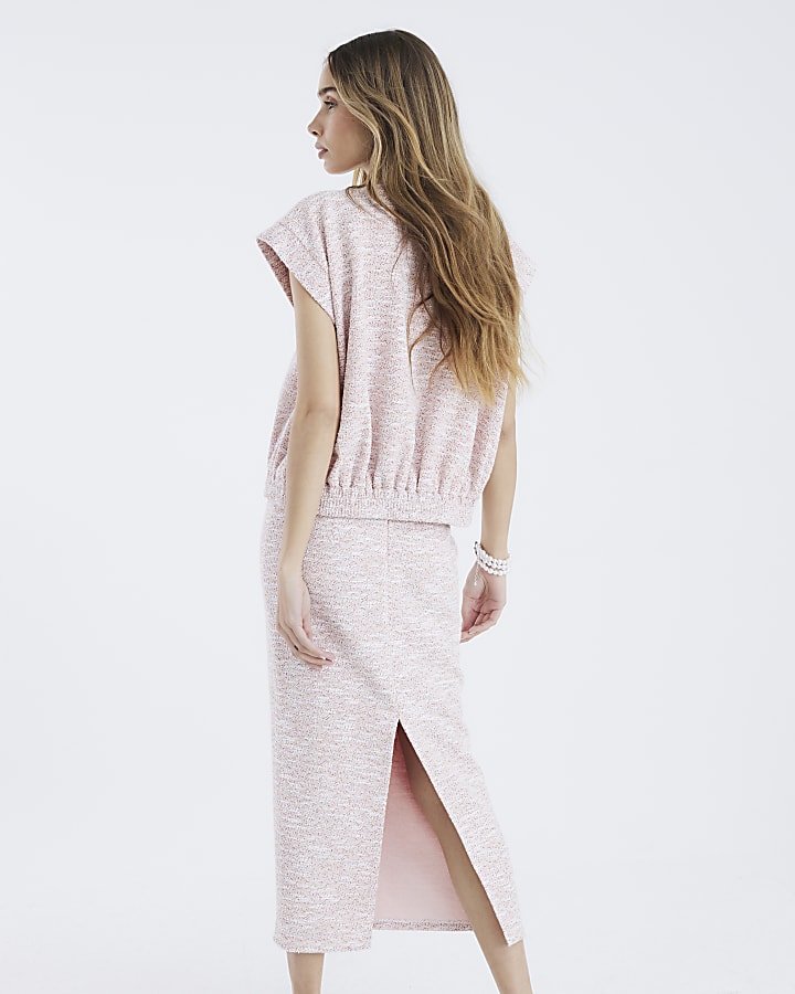 Coral Boucle Midi Pencil Skirt