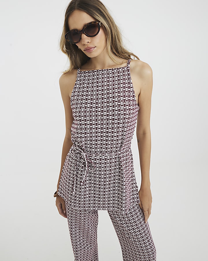 Red Sleeveless Geometric Print Tunic Top