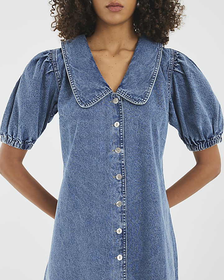 Blue Denim Short Sleeve Collared Shirt Dress