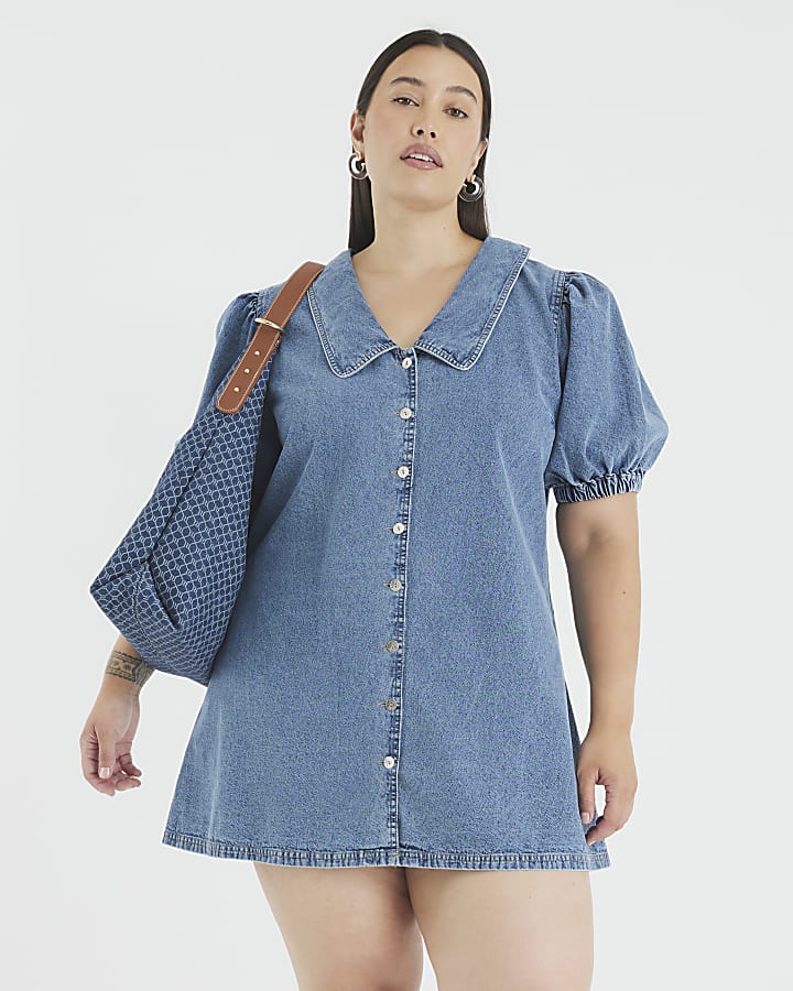 Blue Denim Short Sleeve Collared Shirt Dress