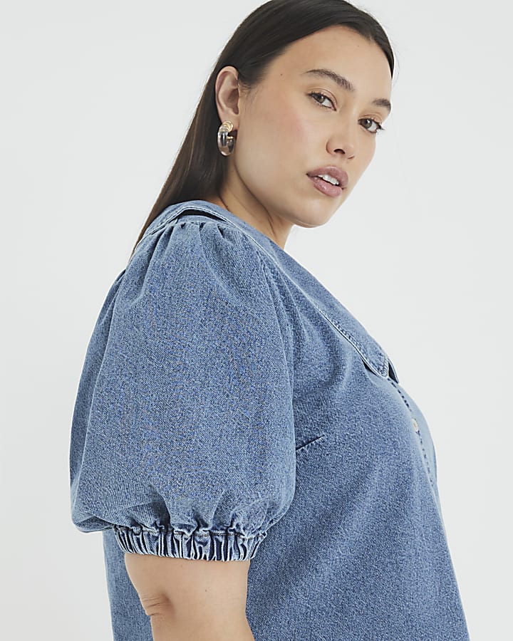 Blue Denim Short Sleeve Collared Shirt Dress