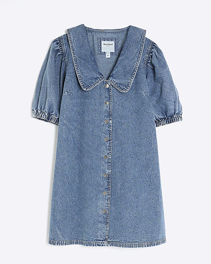 Blue Denim Short Sleeve Collared Shirt Dress