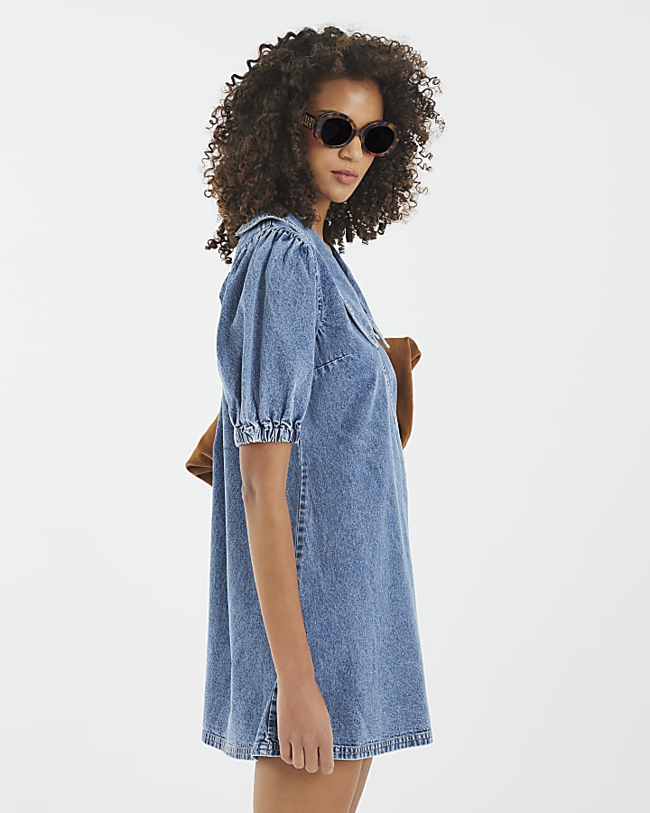 Blue Denim Short Sleeve Collared Shirt Dress