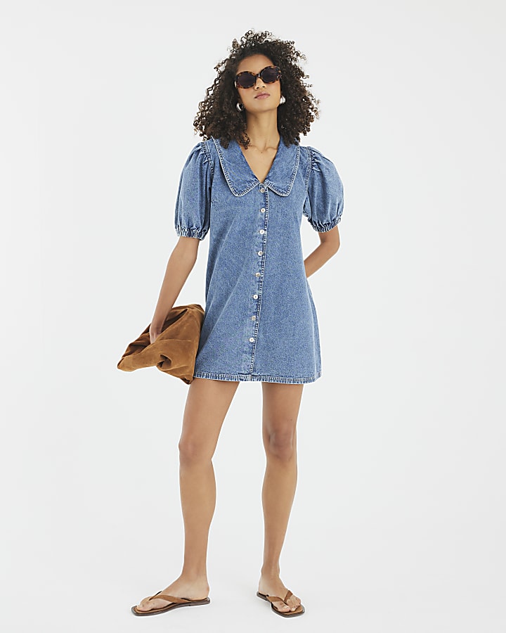 Blue Denim Short Sleeve Collared Shirt Dress
