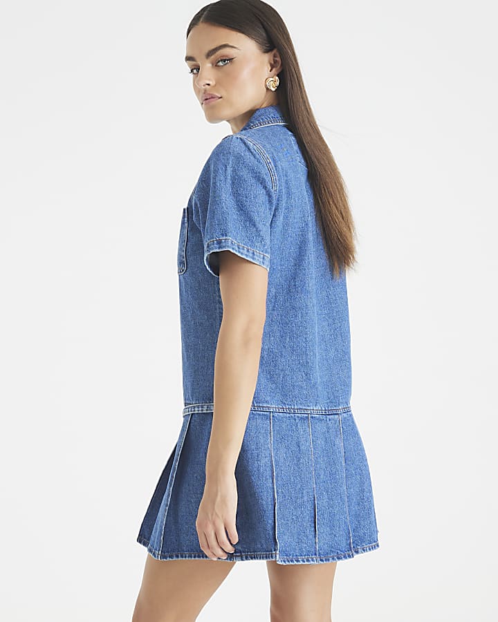 Blue Denim Short Sleeve Pleated Mini Dress