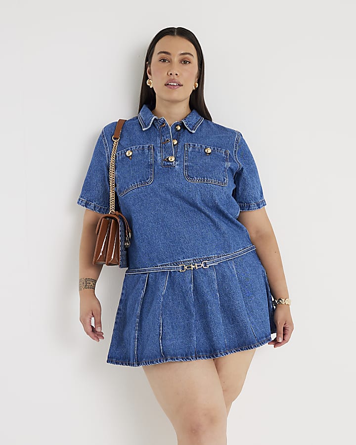 Blue Denim Short Sleeve Pleated Mini Dress